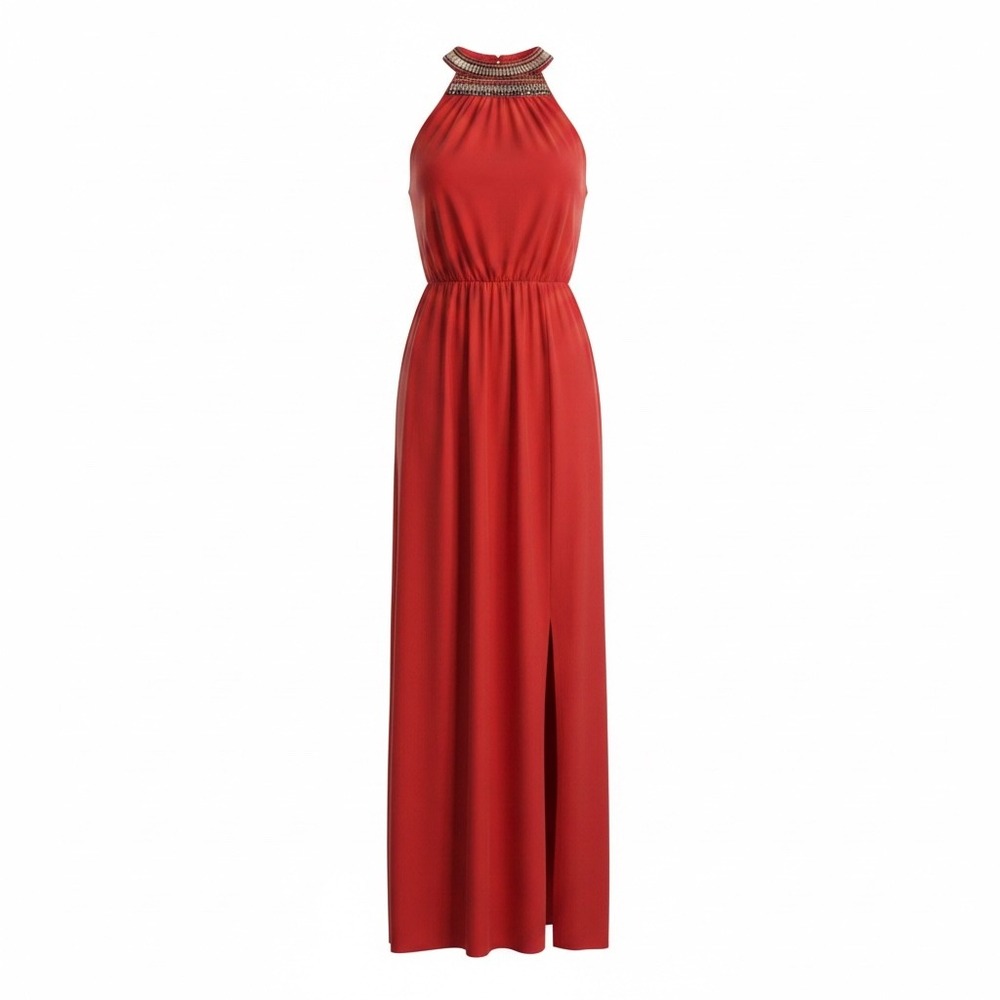 Charlie Jade Orange 100% Silk Beaded Halter Maxi Dress Side Slit C2324-ORG NEW